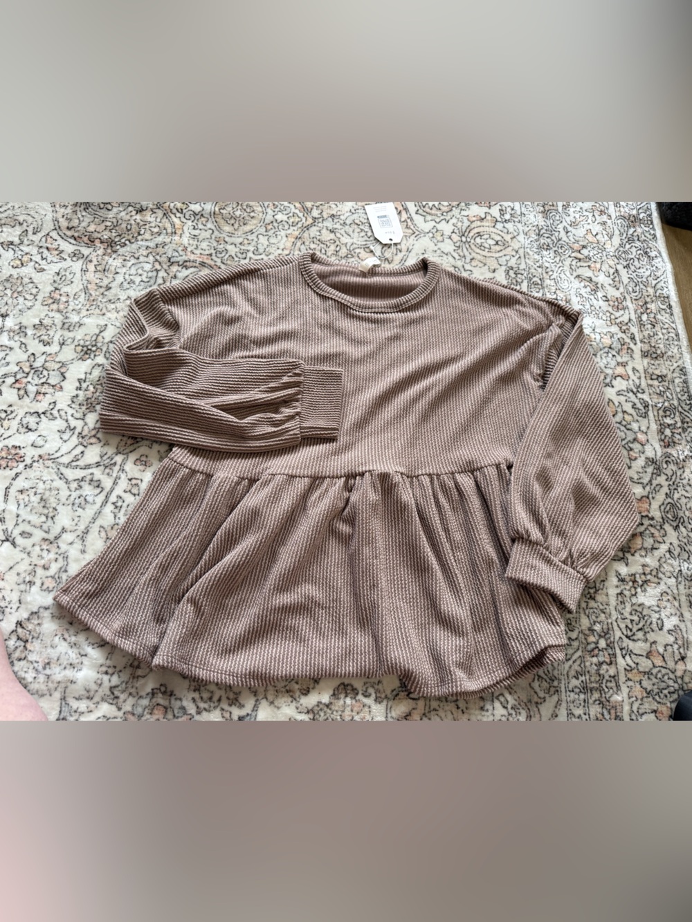 mts Taupe Peplum Waffle Knit Long Sleeve Top